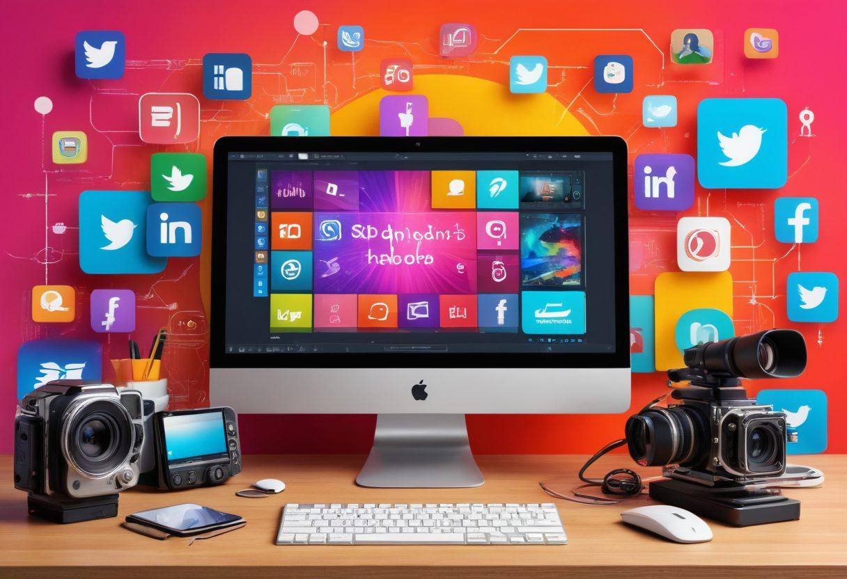 A dynamic collage showcasing diverse video blogging tools like cameras, microphones, and editing software, surrounded by vibrant social media icons and graphs indicating trends. The background should depict a bustling, modern workspace filled with creative energy and inspiring visuals. Include a computer screen displaying a video editing interface, with bright colors and an engaging atmosphere. vibrant colors. 3D. modern style.