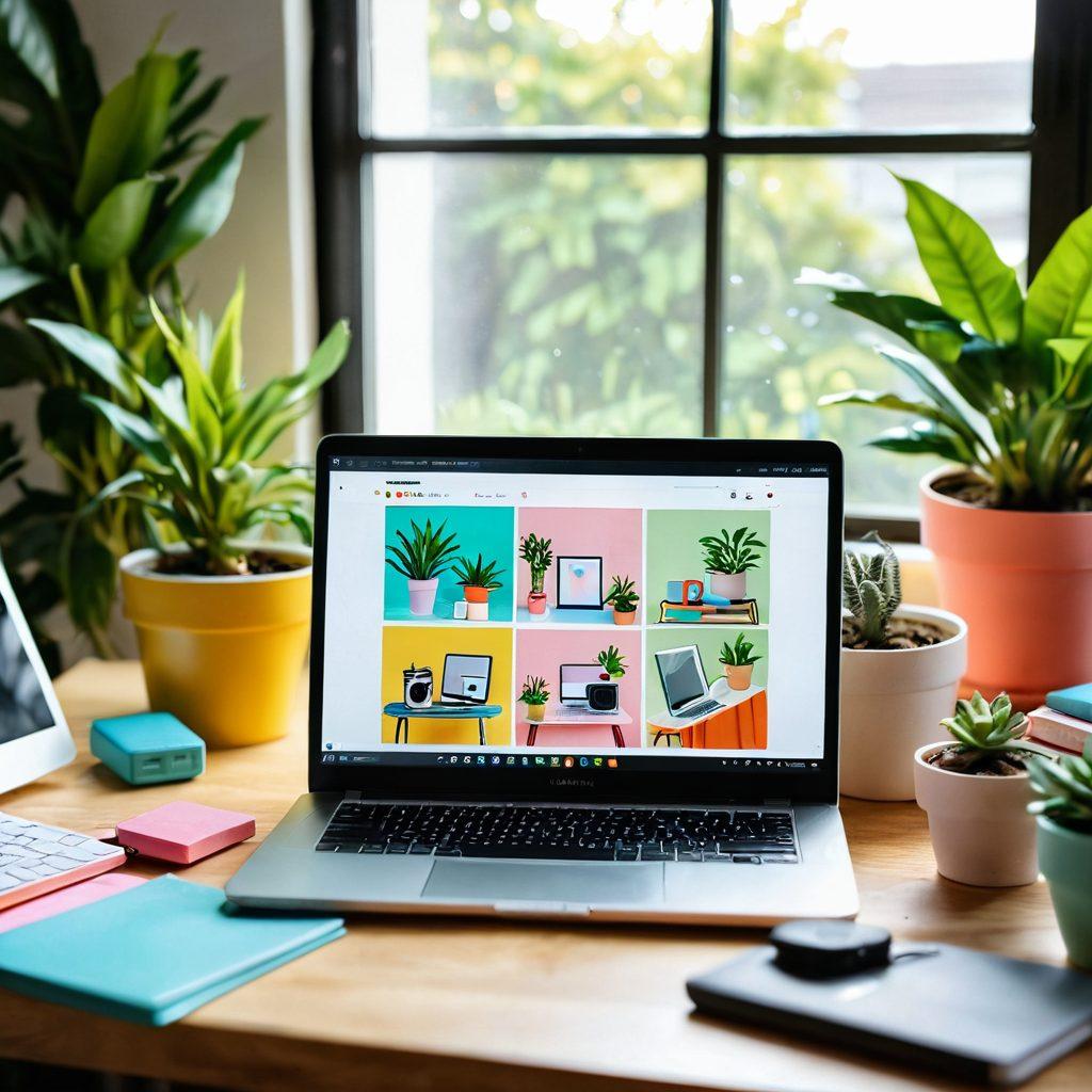 A vibrant workspace with an open laptop showing a vlogging interface, surrounded by colorful lifestyle props like a camera, notebooks, and plants. Include a close-up of a hand adjusting the camera settings while a bright window lets in warm sunlight, symbolizing creativity and growth in vlogging. Use cheerful pastel colors for a lively atmosphere. super-realistic. vibrant colors. natural lighting.