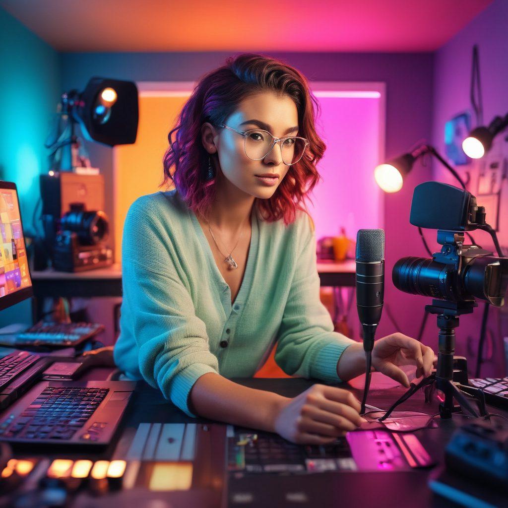 A dynamic scene capturing a vibrant video blogger in a stylish home studio, surrounded by high-tech equipment like a camera, microphones, and colorful lighting. The blogger is animatedly sharing lifestyle tips with engaging visuals of viral video content popping up around them. Include inspiring quotes in stylish typography. Emphasize a lively atmosphere with bright colors and energetic expressions. 3D. vibrant colors.